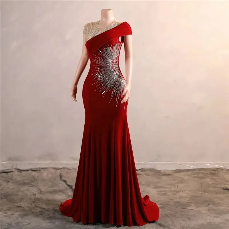 مجموعة أروين 2024 Red Velvet Sequin Evening Dresses Wedding Occasions Second Formal Bridal Gowns Sheer Cap Sleeve Off Shoulder Gala Robes