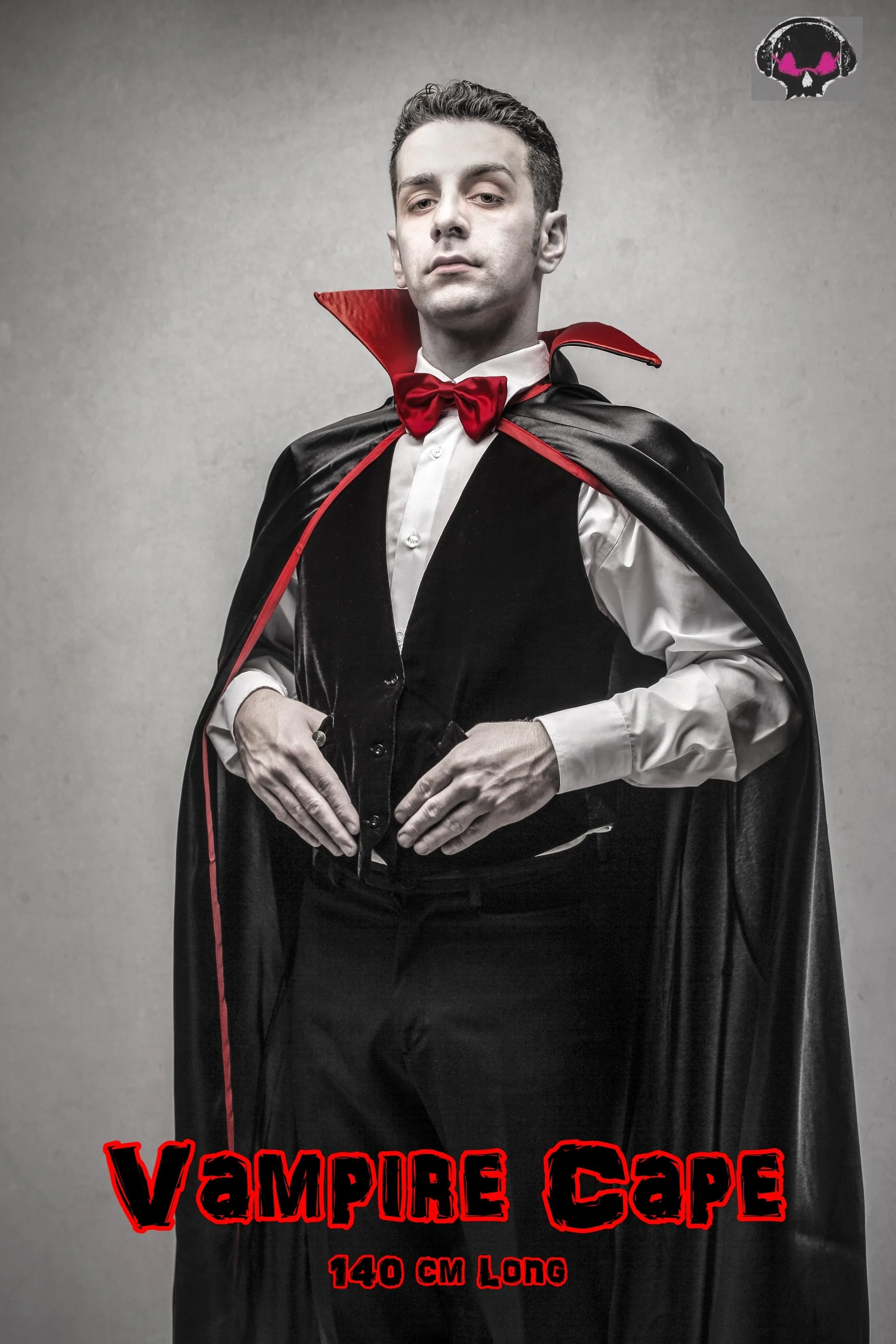 140cm Adult Black Vampire Cape with Red Neckline