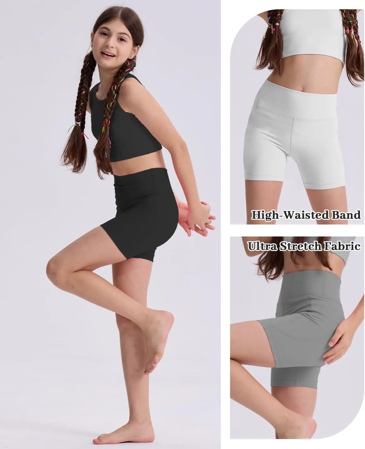 3 Pack Girls 4'' High Waisted Black Biker Shorts, Athletic Running Yoga Shorts for Kids Teen