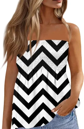 Bandeau Tops for Women Smocked Ruffled Sleeveless Bandeau Floral Print Strapless Tube Tops Business Casual Tanks