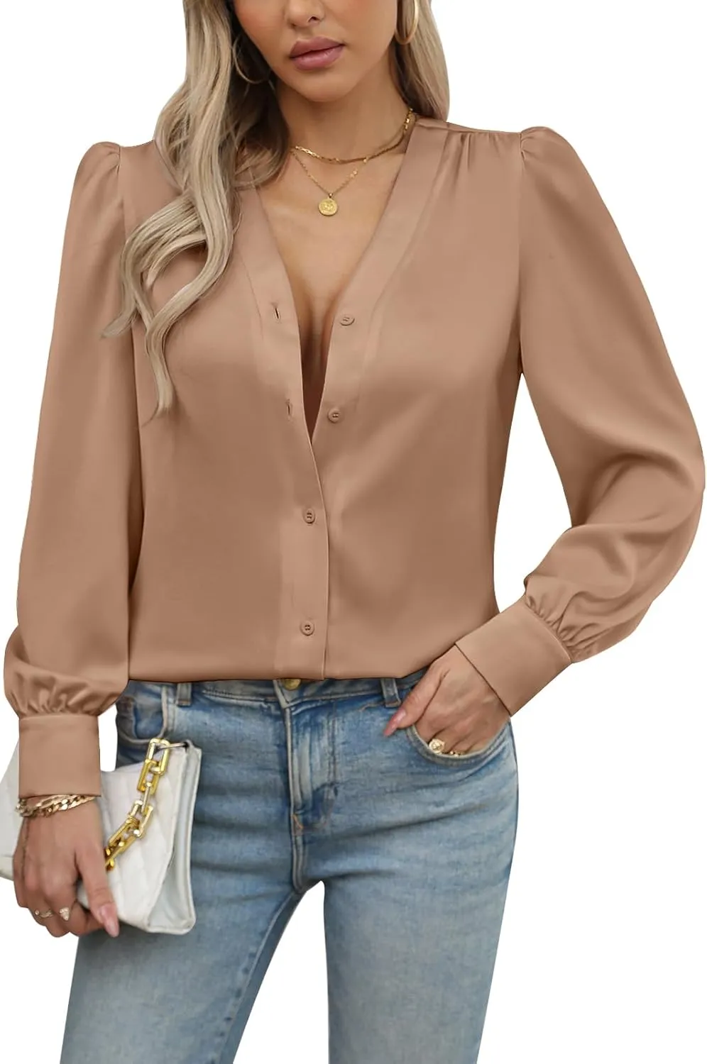 Blouses for Women Business Casual Tops Satin Silk V Neck Long Sleeve Button Down Shirts Work Blouses