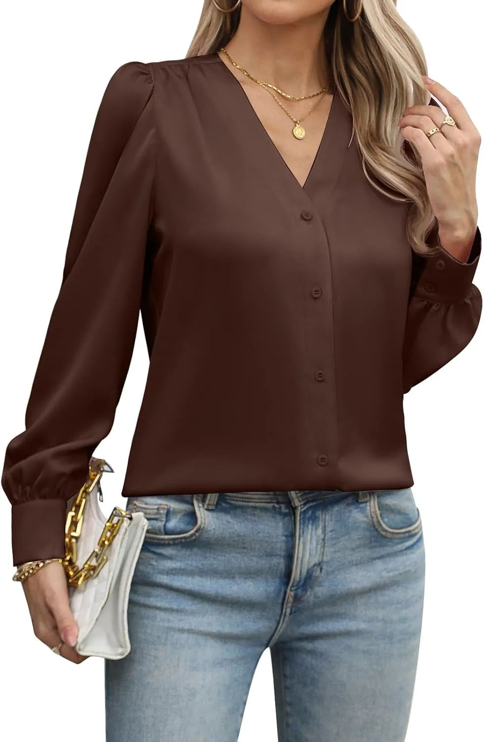 Blouses for Women Business Casual Tops Satin Silk V Neck Long Sleeve Button Down Shirts Work Blouses