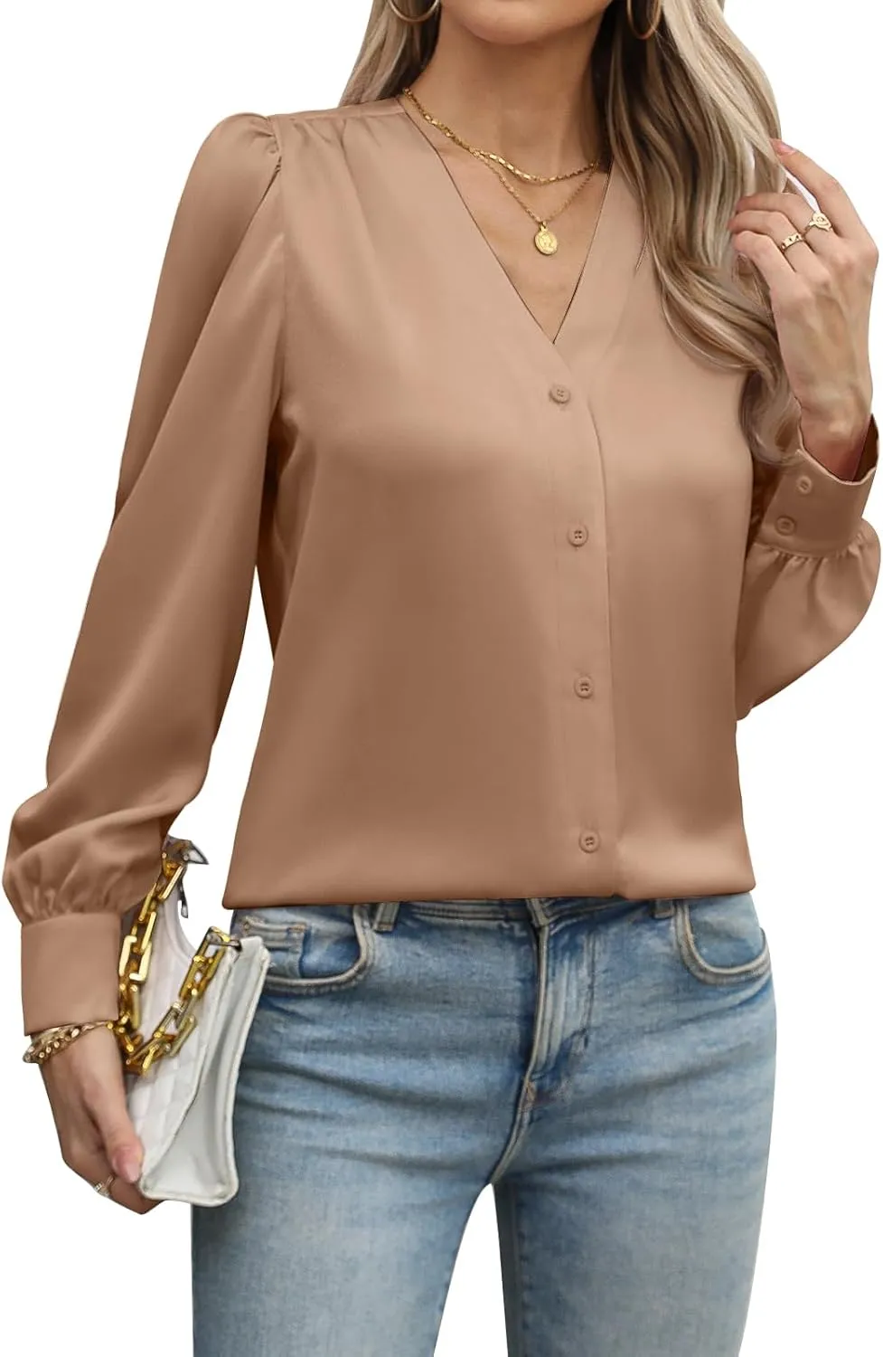 Blouses for Women Business Casual Tops Satin Silk V Neck Long Sleeve Button Down Shirts Work Blouses