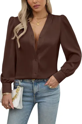 Blouses for Women Business Casual Tops Satin Silk V Neck Long Sleeve Button Down Shirts Work Blouses