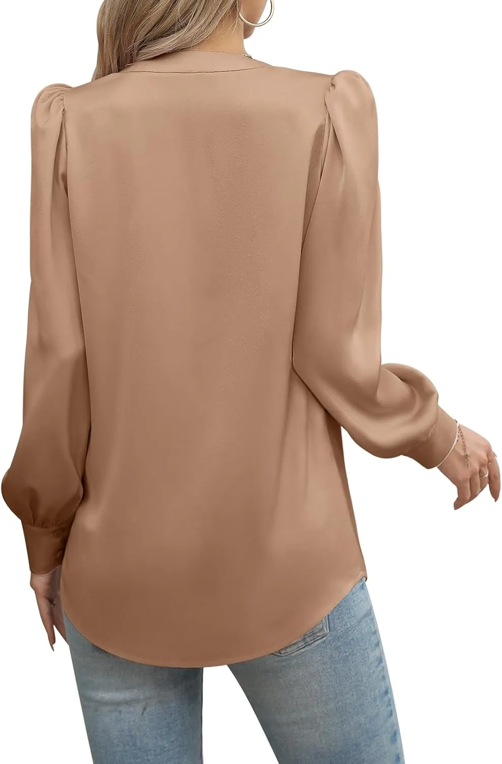 Blouses for Women Business Casual Tops Satin Silk V Neck Long Sleeve Button Down Shirts Work Blouses