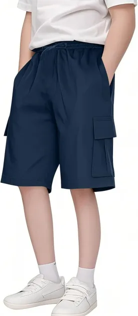 Boys Knee Length Cargo Shorts Kids School Uniform Pull On Shorts 2025 Preppy Solid Elastic Waist Pants with Pockets