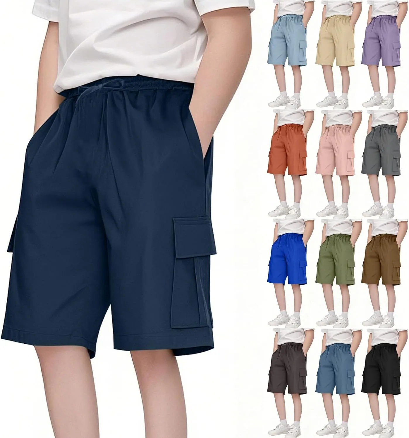 Boys Knee Length Cargo Shorts Kids School Uniform Pull On Shorts 2025 Preppy Solid Elastic Waist Pants with Pockets