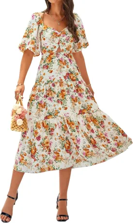 BTFBM Women Summer Dresses 2025 Casual Flowy Beach Square Neck Puff Short Sleeve Smocked Back Boho Floral Long Maxi Dress