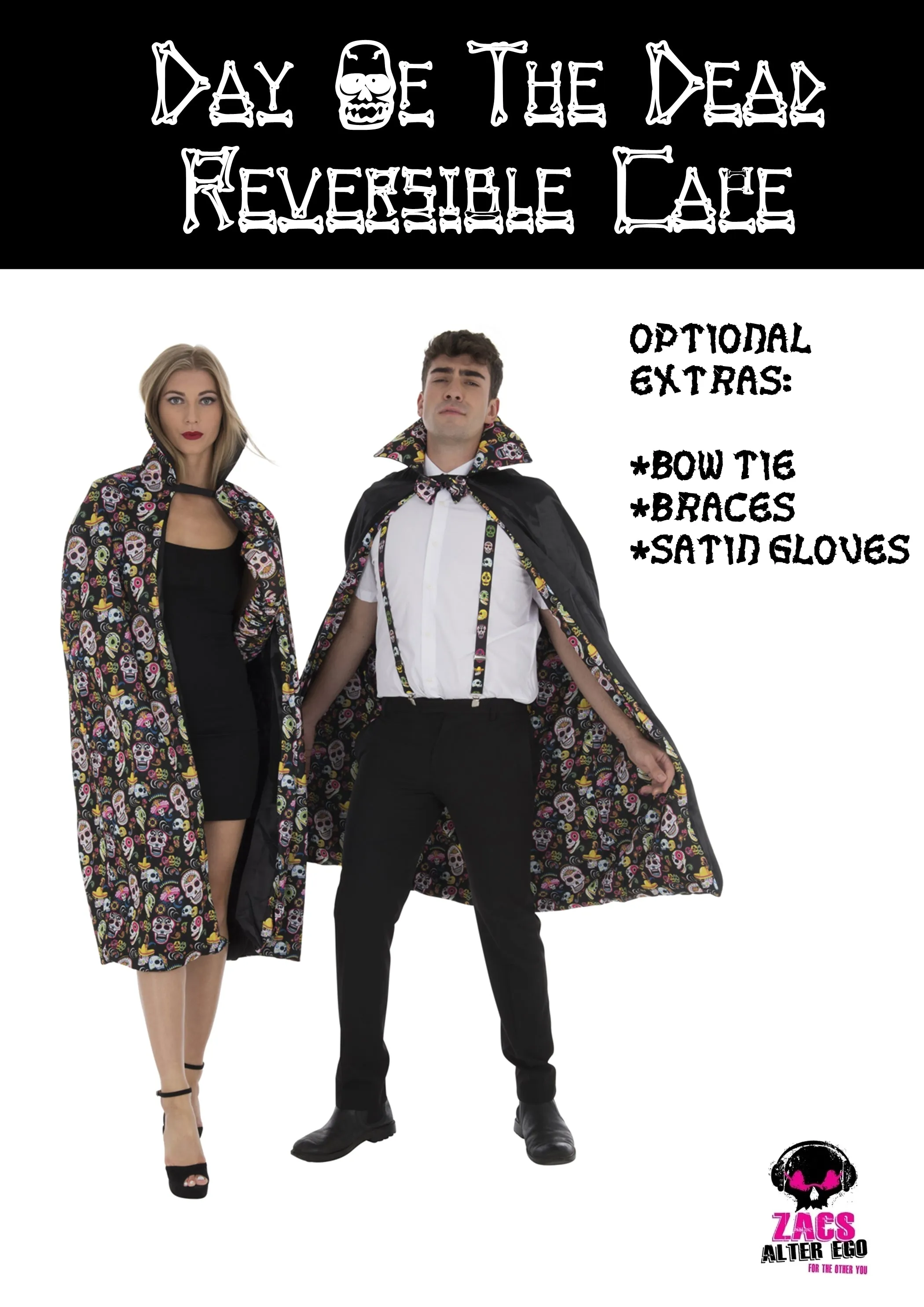Day of the Dead Sugar Skull Cape Length 110cm Excluding Collar
