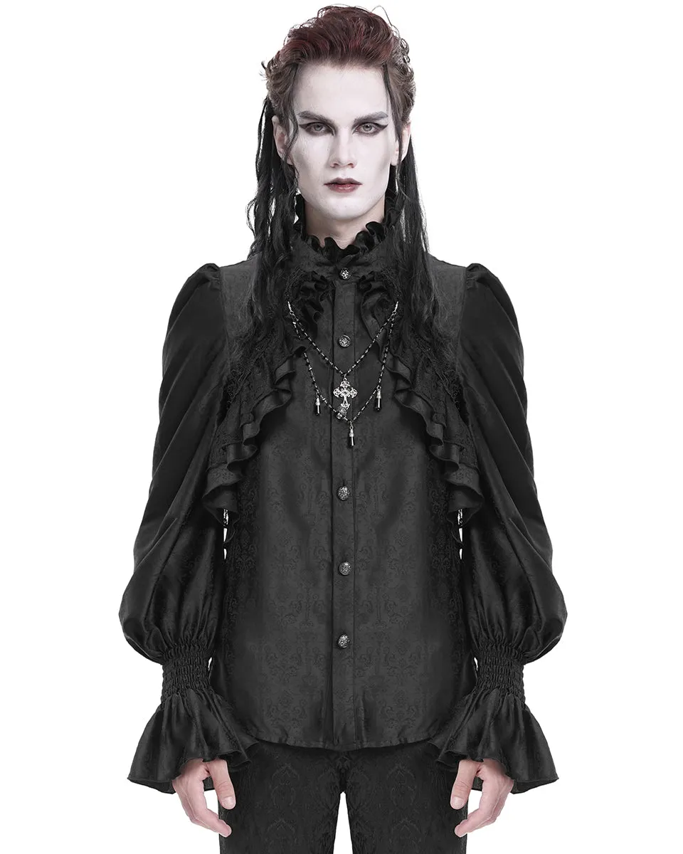 Devil Fashion Mens Gothic Vampire Beaded Crucifix Jacquard Dress Shirt - Black