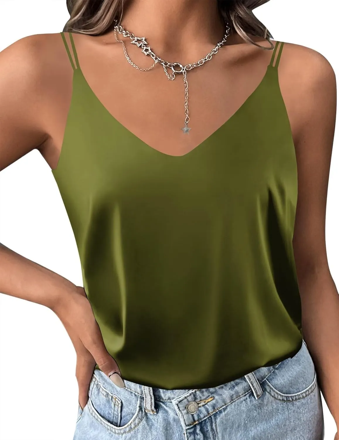 Ekouaer Womens Silk Satin Camisole Tank Tops V Neck Spaghetti Strap Blouses Cross Back Sleeveless Cami Shirt