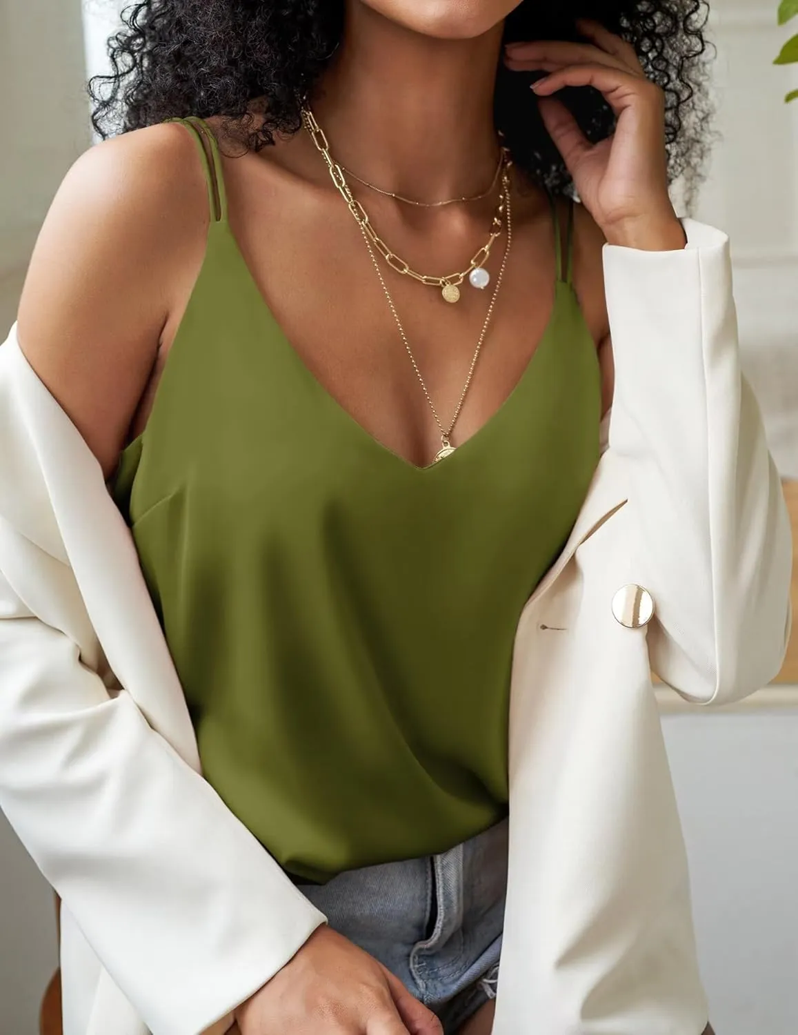 Ekouaer Womens Silk Satin Camisole Tank Tops V Neck Spaghetti Strap Blouses Cross Back Sleeveless Cami Shirt