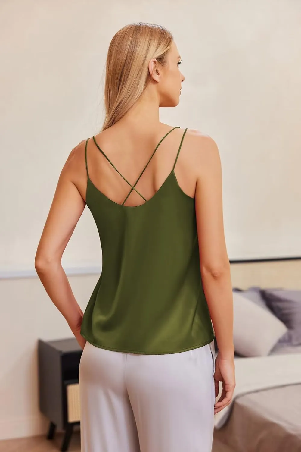 Ekouaer Womens Silk Satin Camisole Tank Tops V Neck Spaghetti Strap Blouses Cross Back Sleeveless Cami Shirt