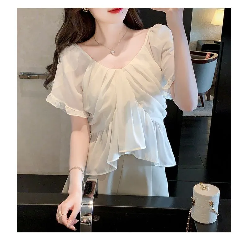 Fairy Flounce Sleeves Gentle V-Neck Chiffon Blouse