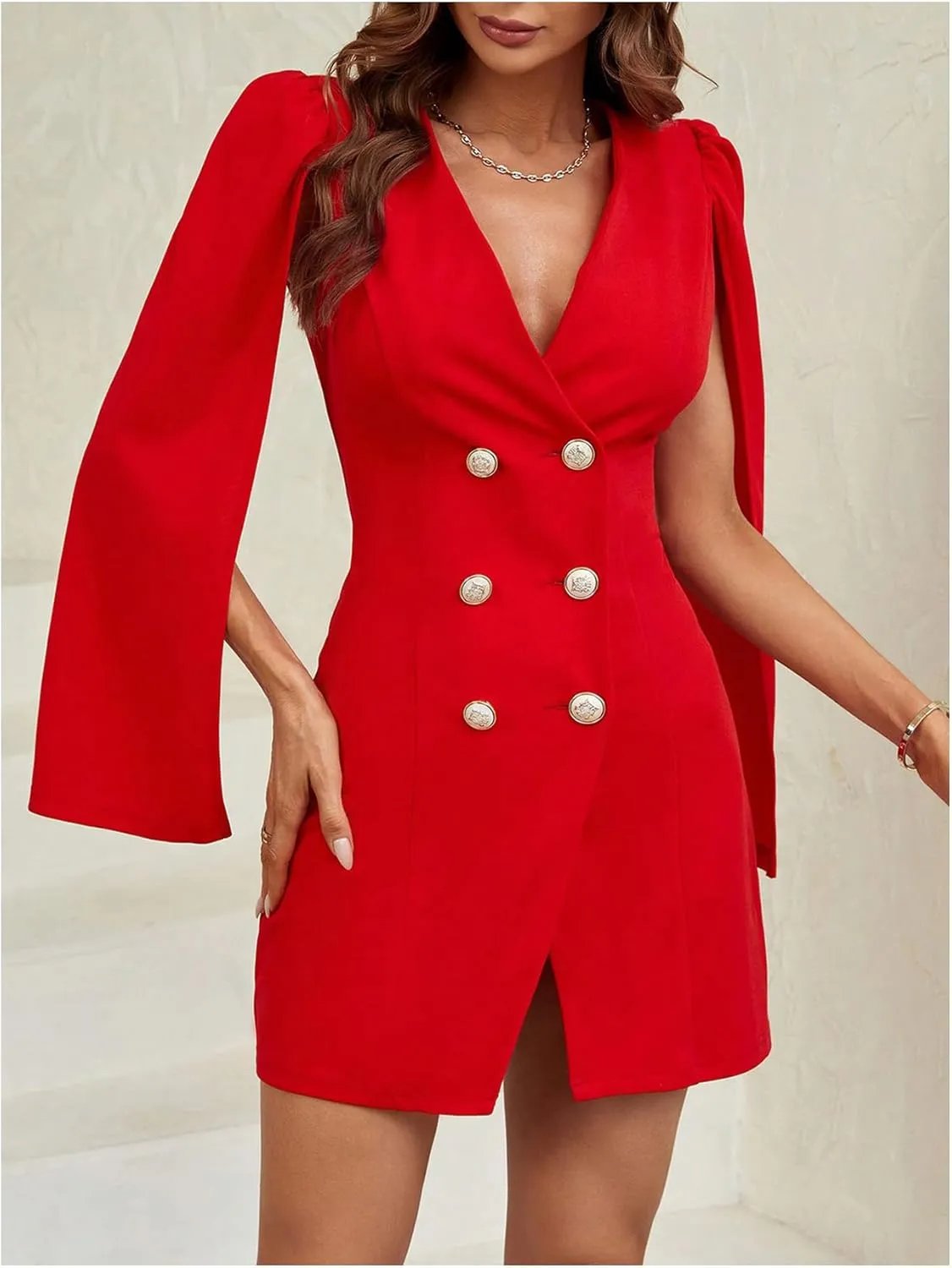 Floerns Women's V Neck Double Breasted Cape Blazer Split Sleeve Elegant Blazer Dress