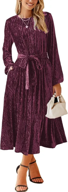 Happy Sailed Women's Velvet Dress Fashion Spring Lantern Sleeve High Waist A-Line Long Formal Party Dresses