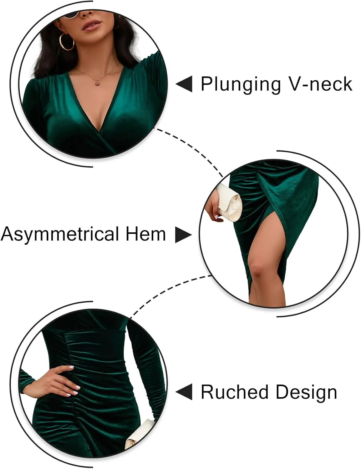IFFEI Womens Wedding Guest Cocktail Dresses Fall Winter Velvet Dress for Women Ruched V Neck Long Sleeve Bodycon Mini Dress