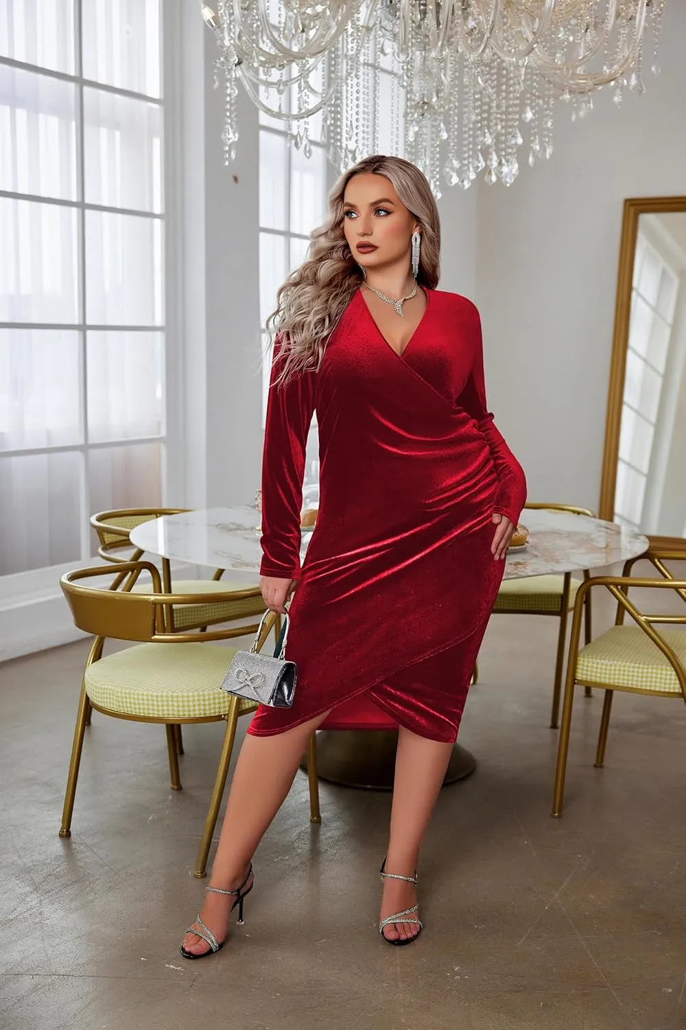 IN'VOLAND Womens Plus Size Long Sleeve Velvet Bodycon Dresses Ruched Wrap V Neck Cocktail Party Dress