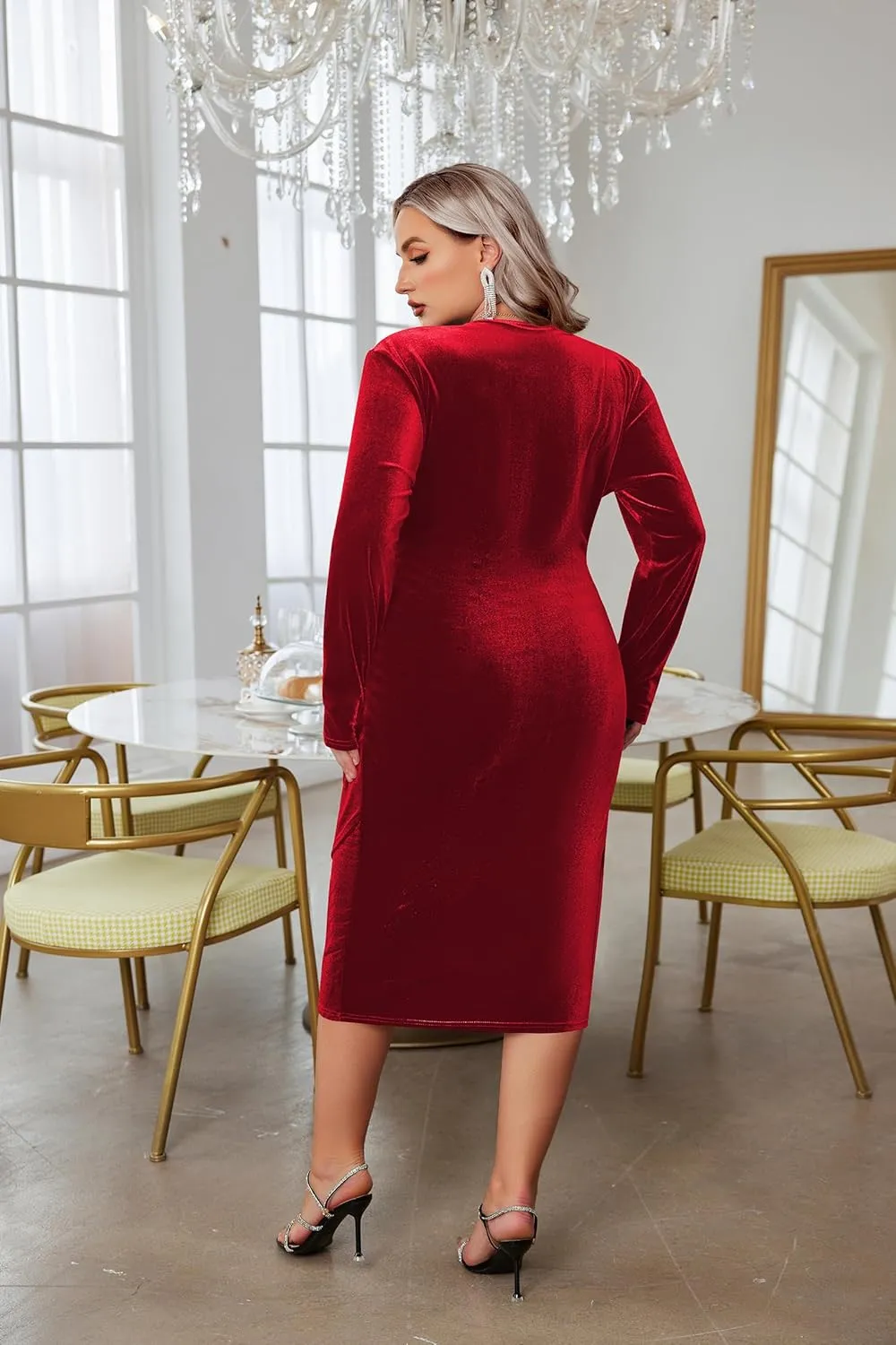 IN'VOLAND Womens Plus Size Long Sleeve Velvet Bodycon Dresses Ruched Wrap V Neck Cocktail Party Dress