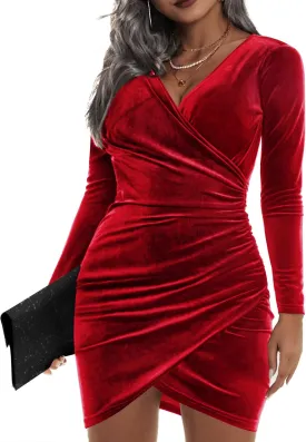 IN'VOLAND Womens Plus Size Long Sleeve Velvet Bodycon Dresses Ruched Wrap V Neck Cocktail Party Dress
