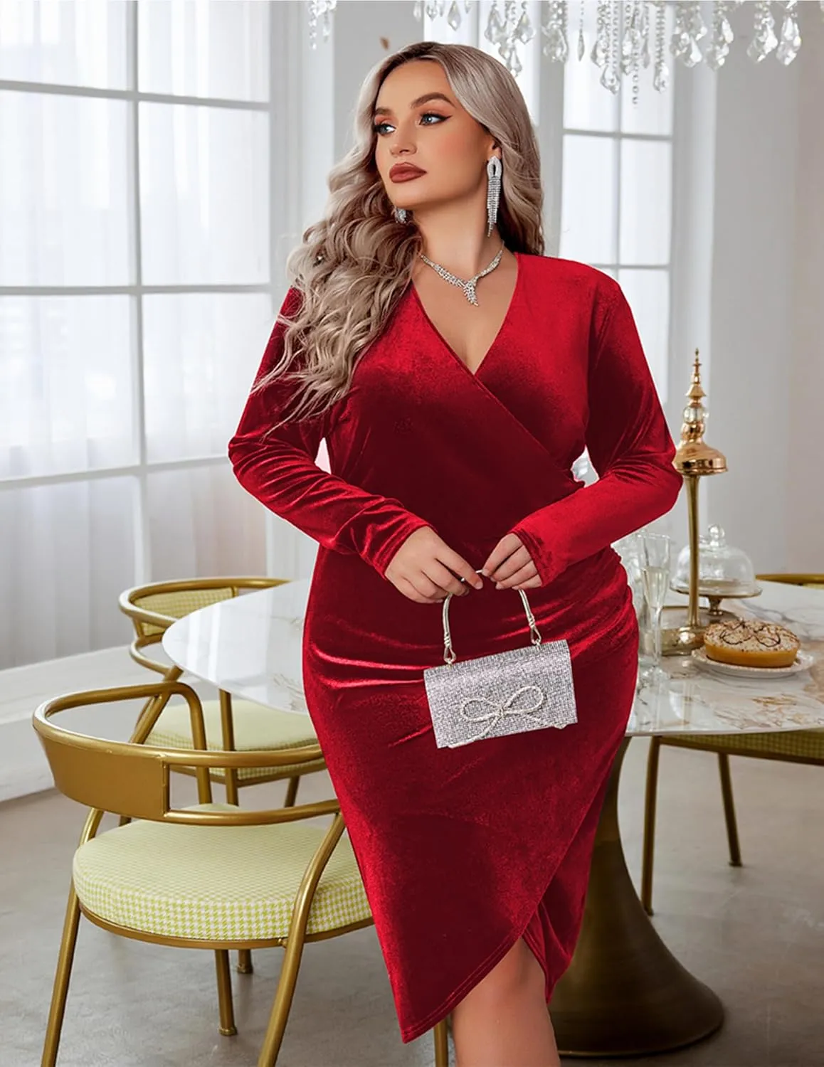 IN'VOLAND Womens Plus Size Long Sleeve Velvet Bodycon Dresses Ruched Wrap V Neck Cocktail Party Dress