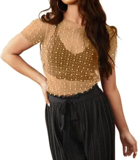 LOFAAC Women Sexy Pearl Rhinestone Beaded Sheer Mesh Crop Tee Shirt Slim Fit Short Sleeve See Through Cover Up Crop Top