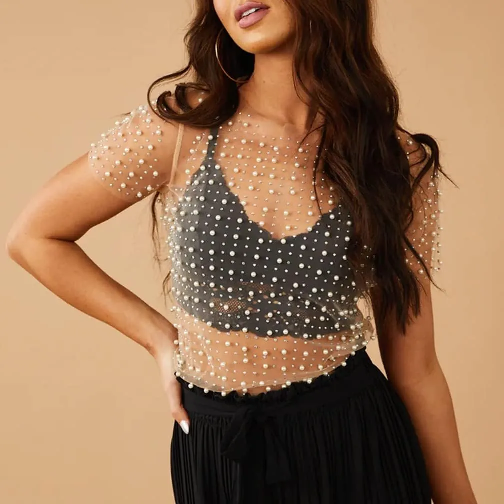 LOFAAC Women Sexy Pearl Rhinestone Beaded Sheer Mesh Crop Tee Shirt Slim Fit Short Sleeve See Through Cover Up Crop Top