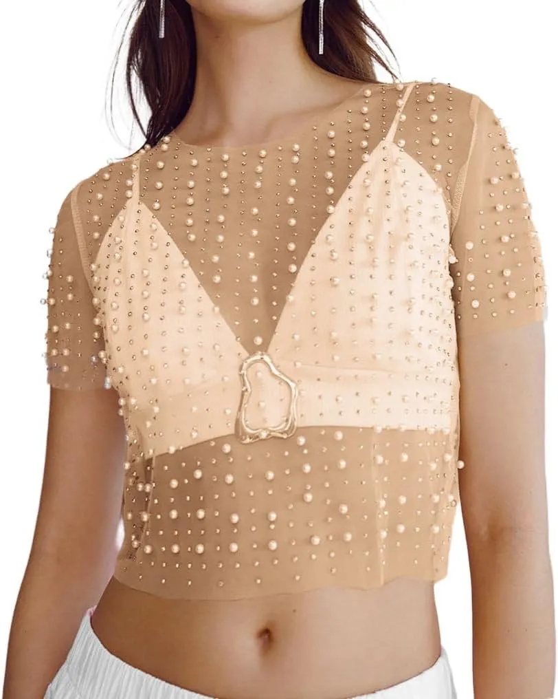 LOFAAC Women Sexy Pearl Rhinestone Beaded Sheer Mesh Crop Tee Shirt Slim Fit Short Sleeve See Through Cover Up Crop Top