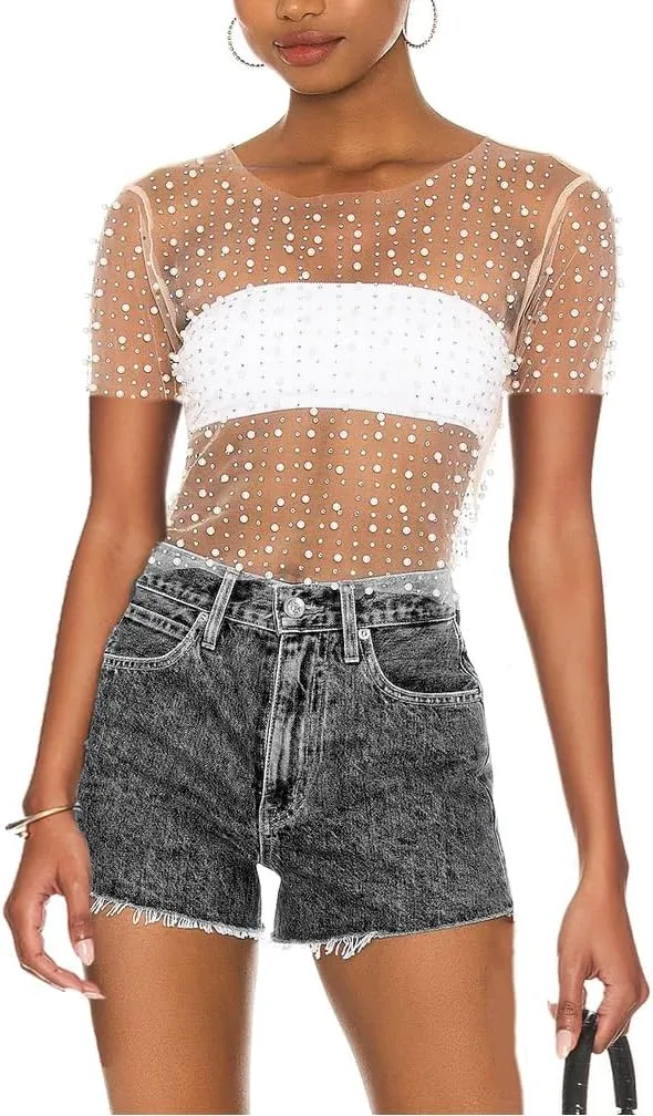 LOFAAC Women Sexy Pearl Rhinestone Beaded Sheer Mesh Crop Tee Shirt Slim Fit Short Sleeve See Through Cover Up Crop Top