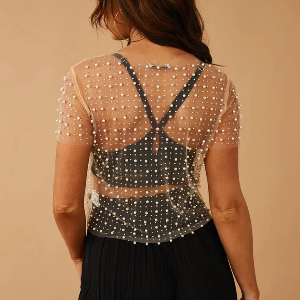 LOFAAC Women Sexy Pearl Rhinestone Beaded Sheer Mesh Crop Tee Shirt Slim Fit Short Sleeve See Through Cover Up Crop Top