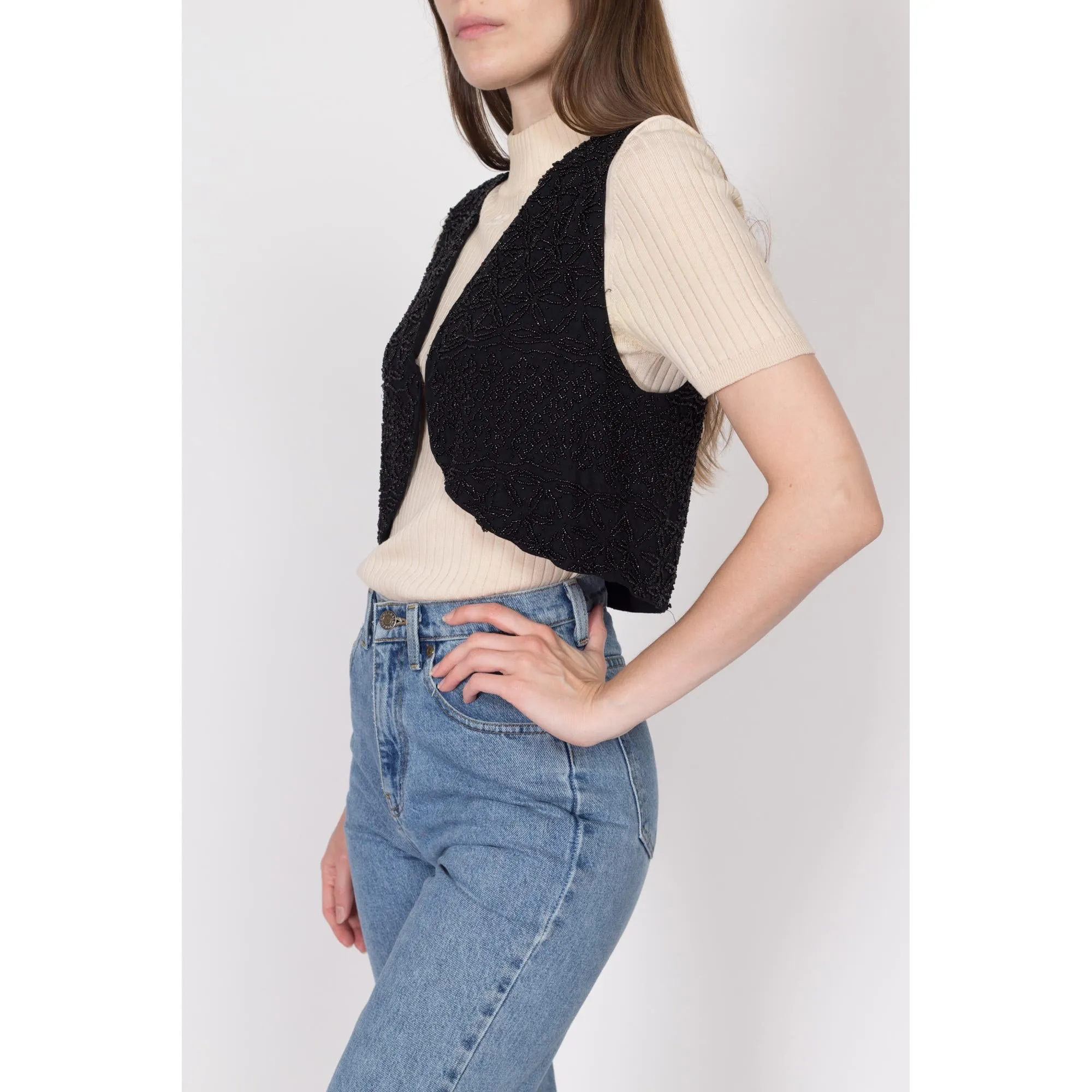 Medium 80s Black Beaded Cropped Vest