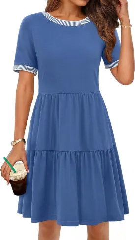 MEROKEETY Women's Summer Spring Casual Short Sleeve Sundress 2025 Beach Vacation Flowy A Line Tiered Mini T Shirt Dresses