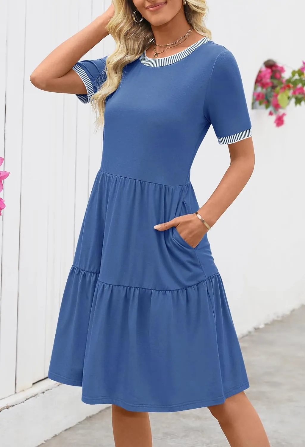 MEROKEETY Women's Summer Spring Casual Short Sleeve Sundress 2025 Beach Vacation Flowy A Line Tiered Mini T Shirt Dresses
