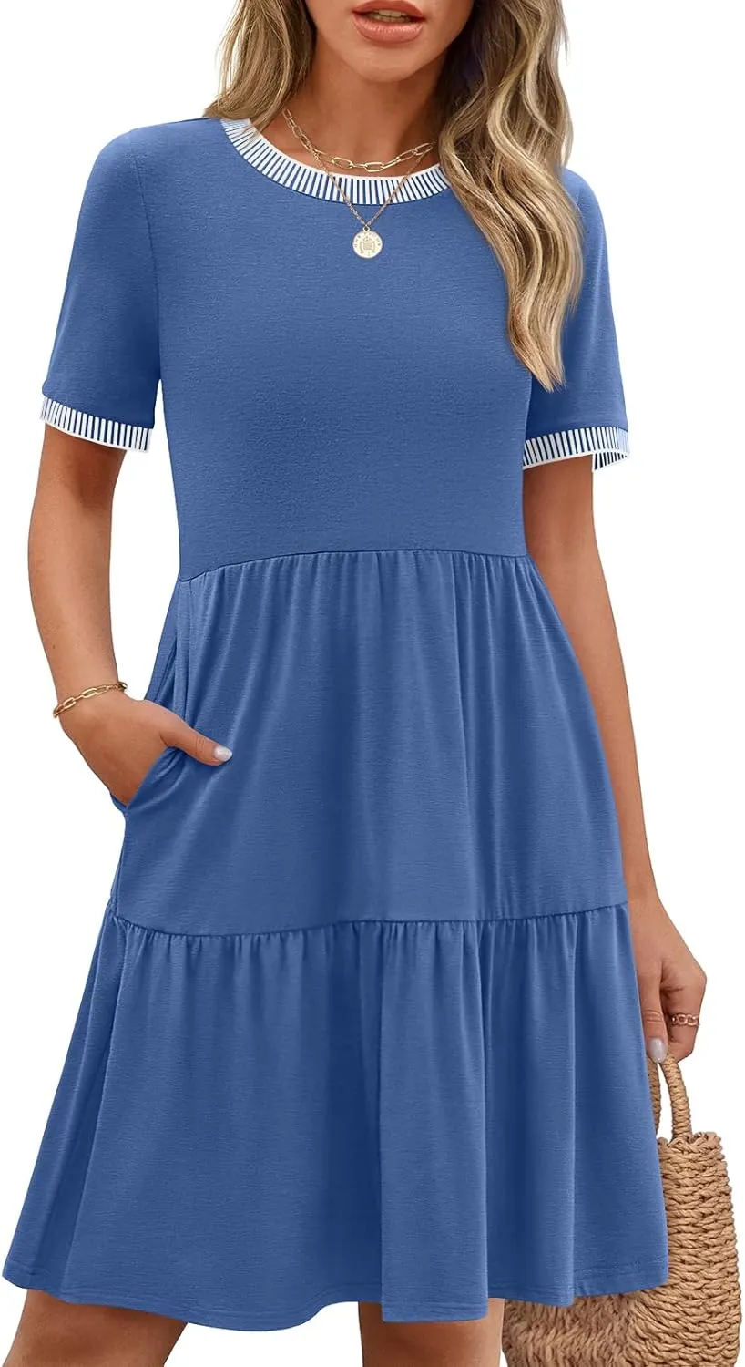 MEROKEETY Women's Summer Spring Casual Short Sleeve Sundress 2025 Beach Vacation Flowy A Line Tiered Mini T Shirt Dresses
