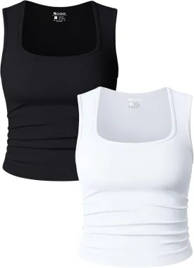 OQQ Womens 2 Piece Crop Tops Rueched Sleeveless Square Neck Stretch Basic Tank Shirts