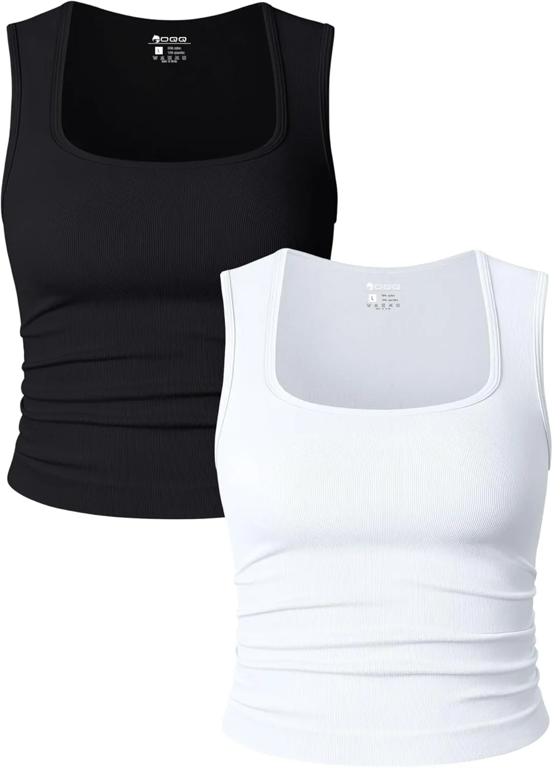 OQQ Womens 2 Piece Crop Tops Rueched Sleeveless Square Neck Stretch Basic Tank Shirts