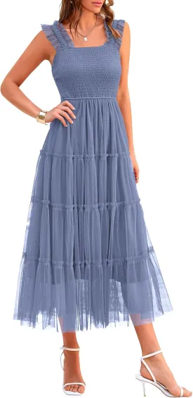 PRETTYGARDEN Women's Summer Tulle Midi Dress Sleeveless Smocked Ruffle Mesh Flowy Dresses Party Wedding Guest Sundress