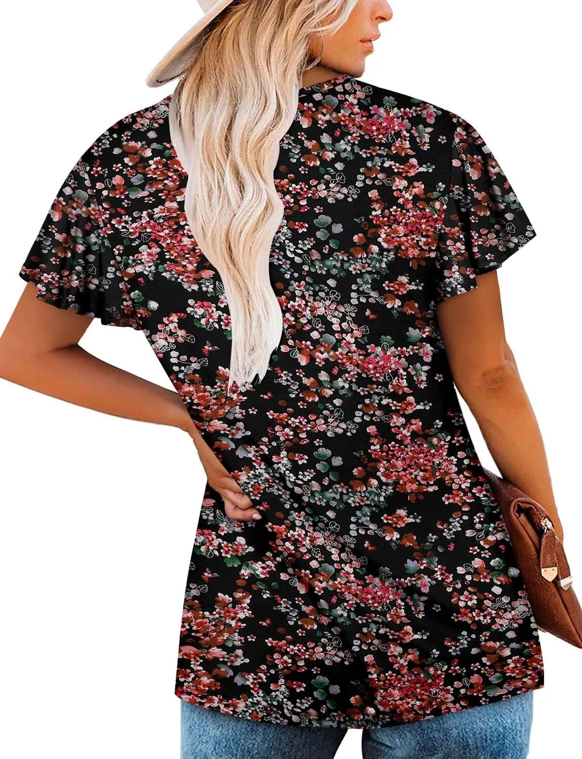 ROSELINLIN Womens Ruffle Sleeve Tunic Tops V Neck Loose Fit Short Sleeve Summer Shirts