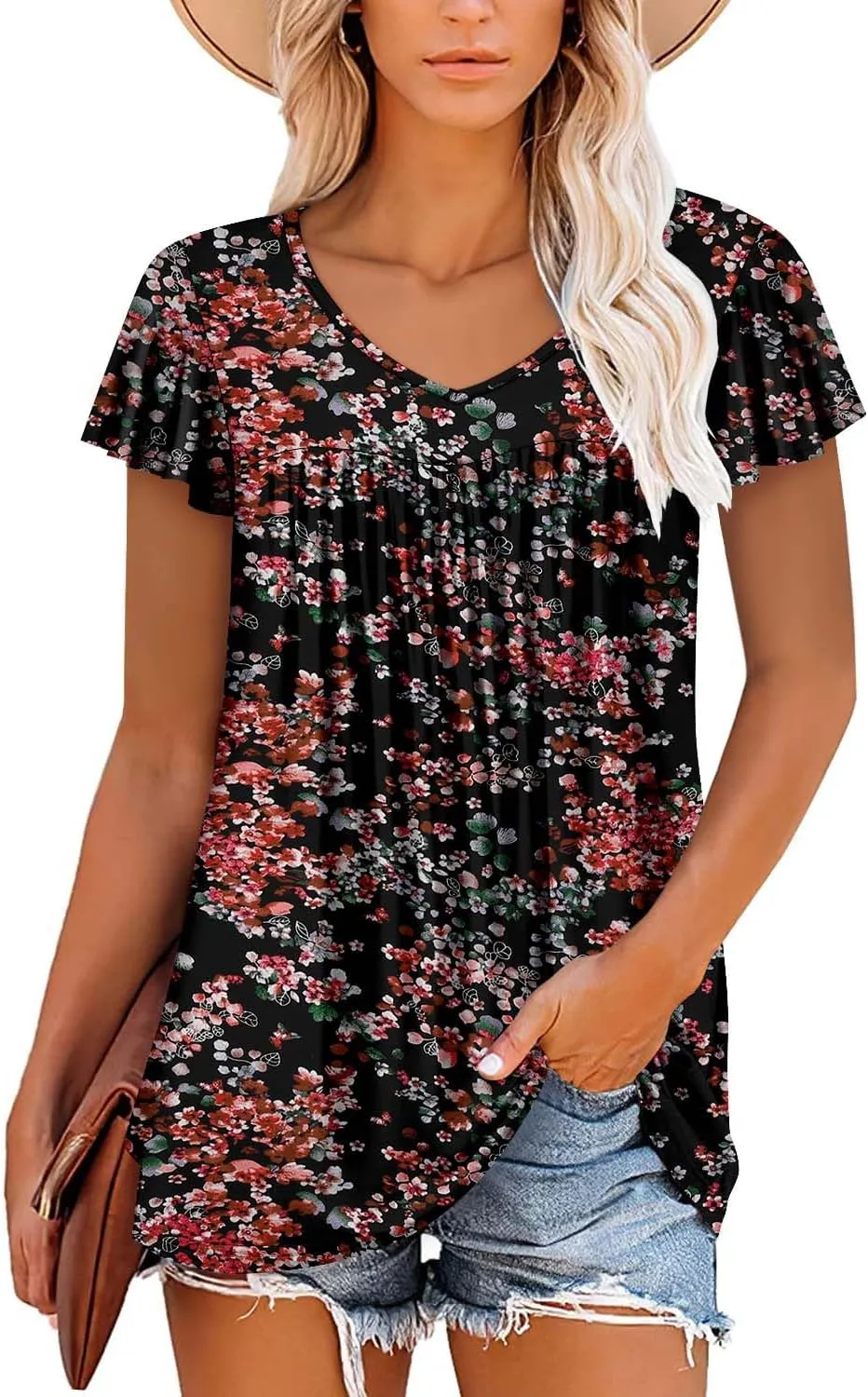 ROSELINLIN Womens Ruffle Sleeve Tunic Tops V Neck Loose Fit Short Sleeve Summer Shirts