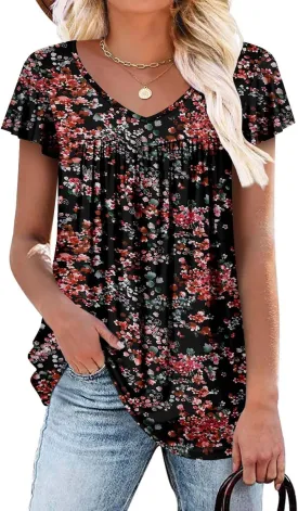 ROSELINLIN Womens Ruffle Sleeve Tunic Tops V Neck Loose Fit Short Sleeve Summer Shirts