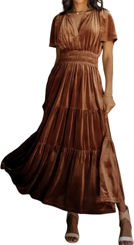 R.Vivimos Women's Fall Winter Vintage Velvet Dress Short Sleeve V Neck Elastic Waist Tiered Ruffle A-Line Flowy Maxi Dress