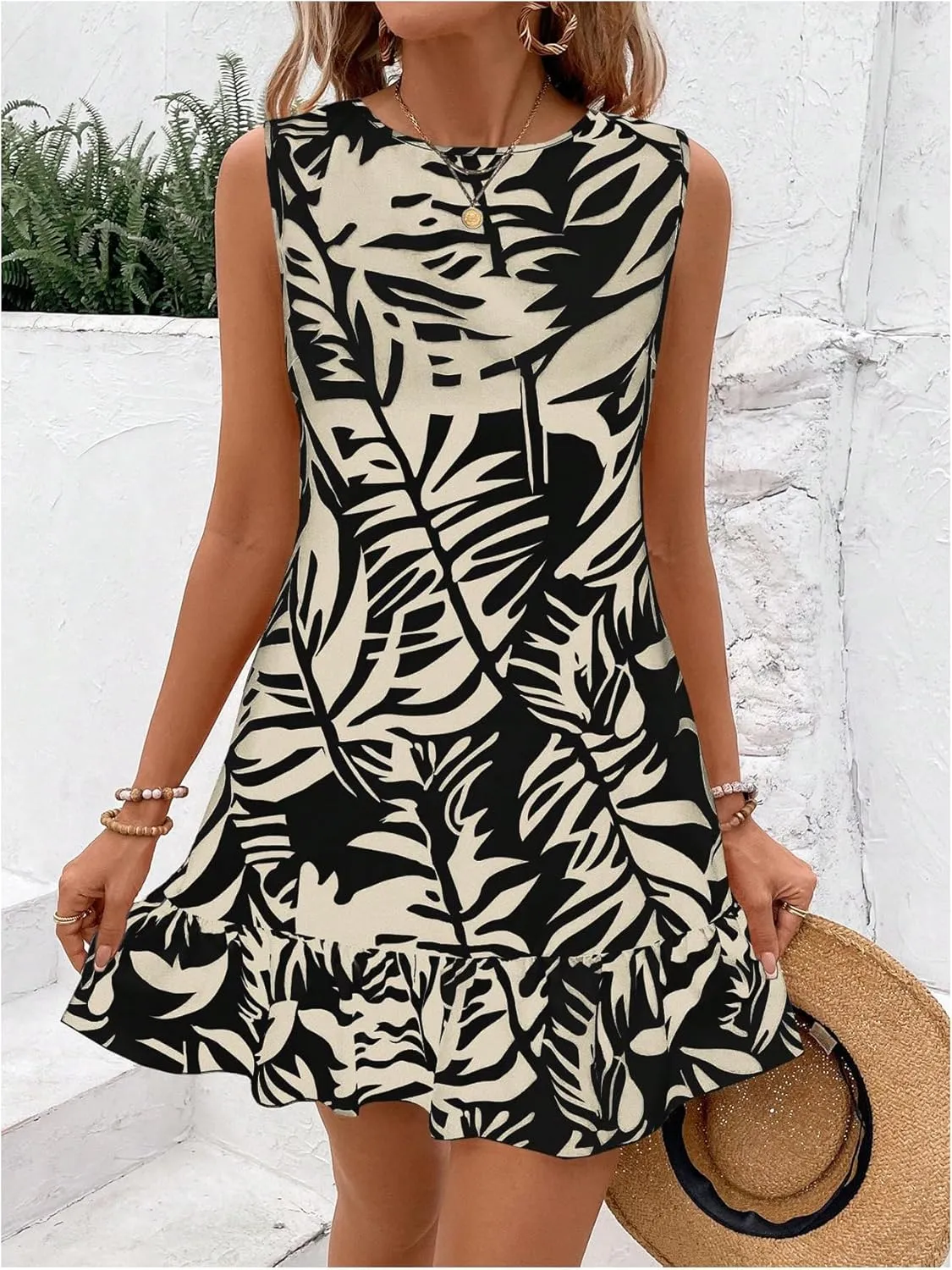 SOLY HUX Women's Boho Knot Back Sleeveless Swing Shift Dress Flounce Ruffle Hem Summer Dresses