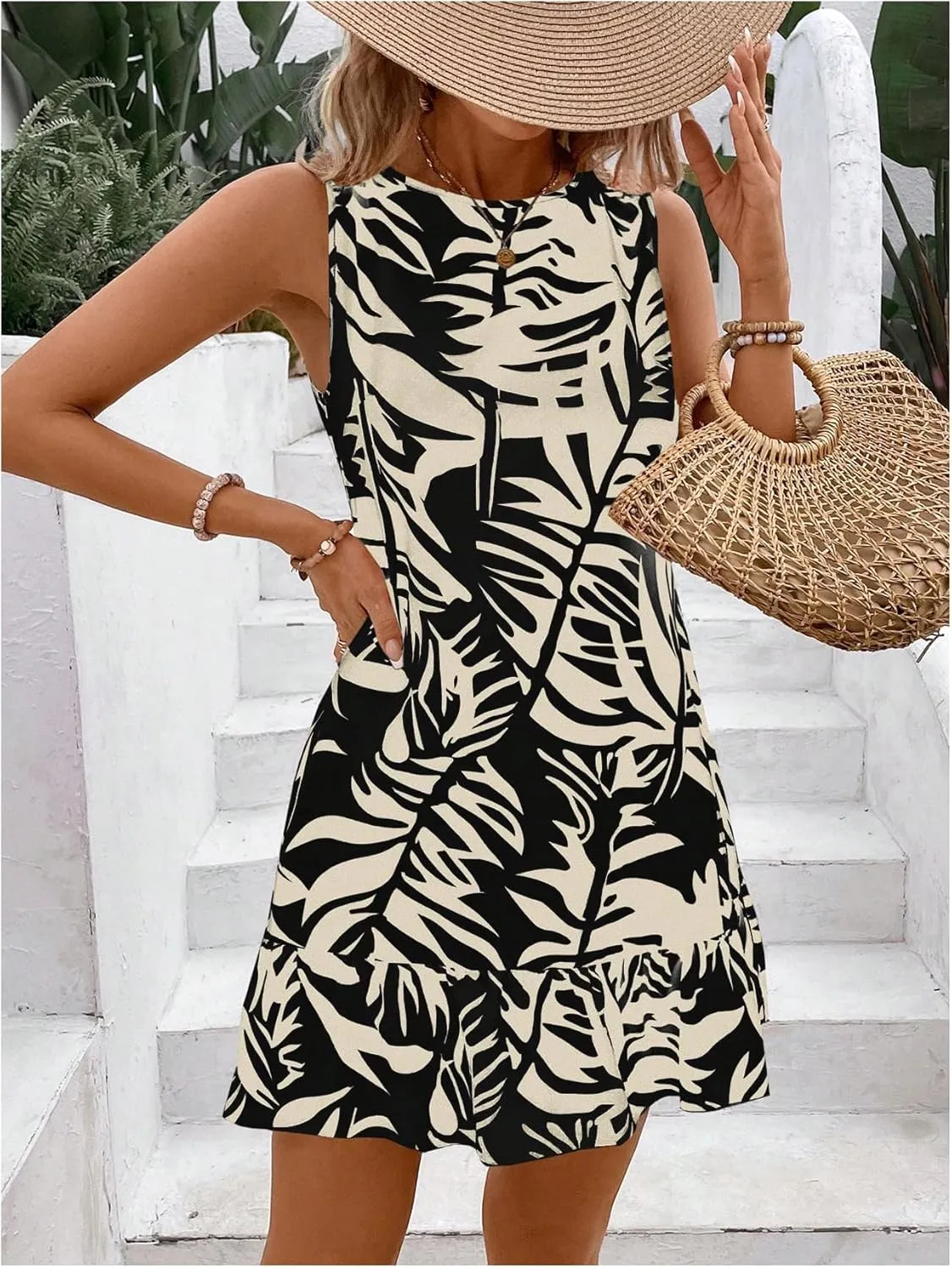SOLY HUX Women's Boho Knot Back Sleeveless Swing Shift Dress Flounce Ruffle Hem Summer Dresses