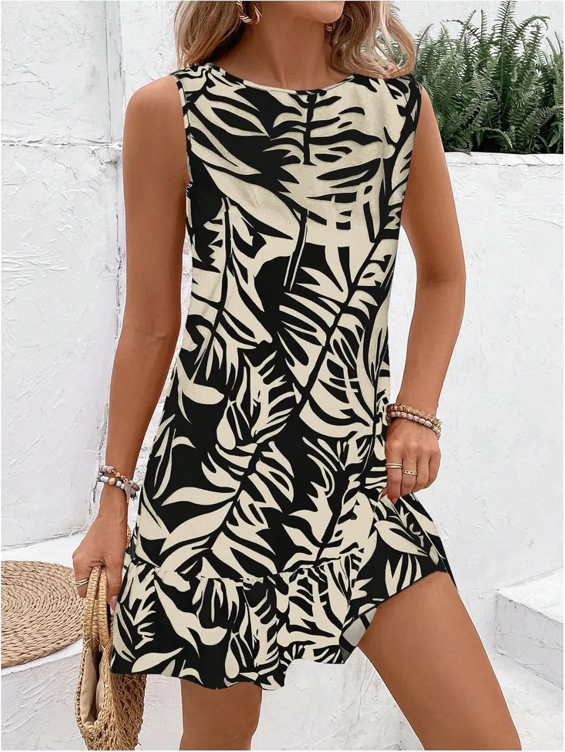 SOLY HUX Women's Boho Knot Back Sleeveless Swing Shift Dress Flounce Ruffle Hem Summer Dresses