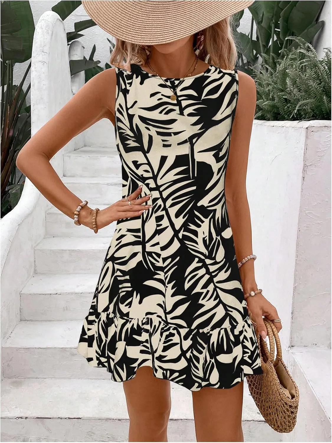 SOLY HUX Women's Boho Knot Back Sleeveless Swing Shift Dress Flounce Ruffle Hem Summer Dresses