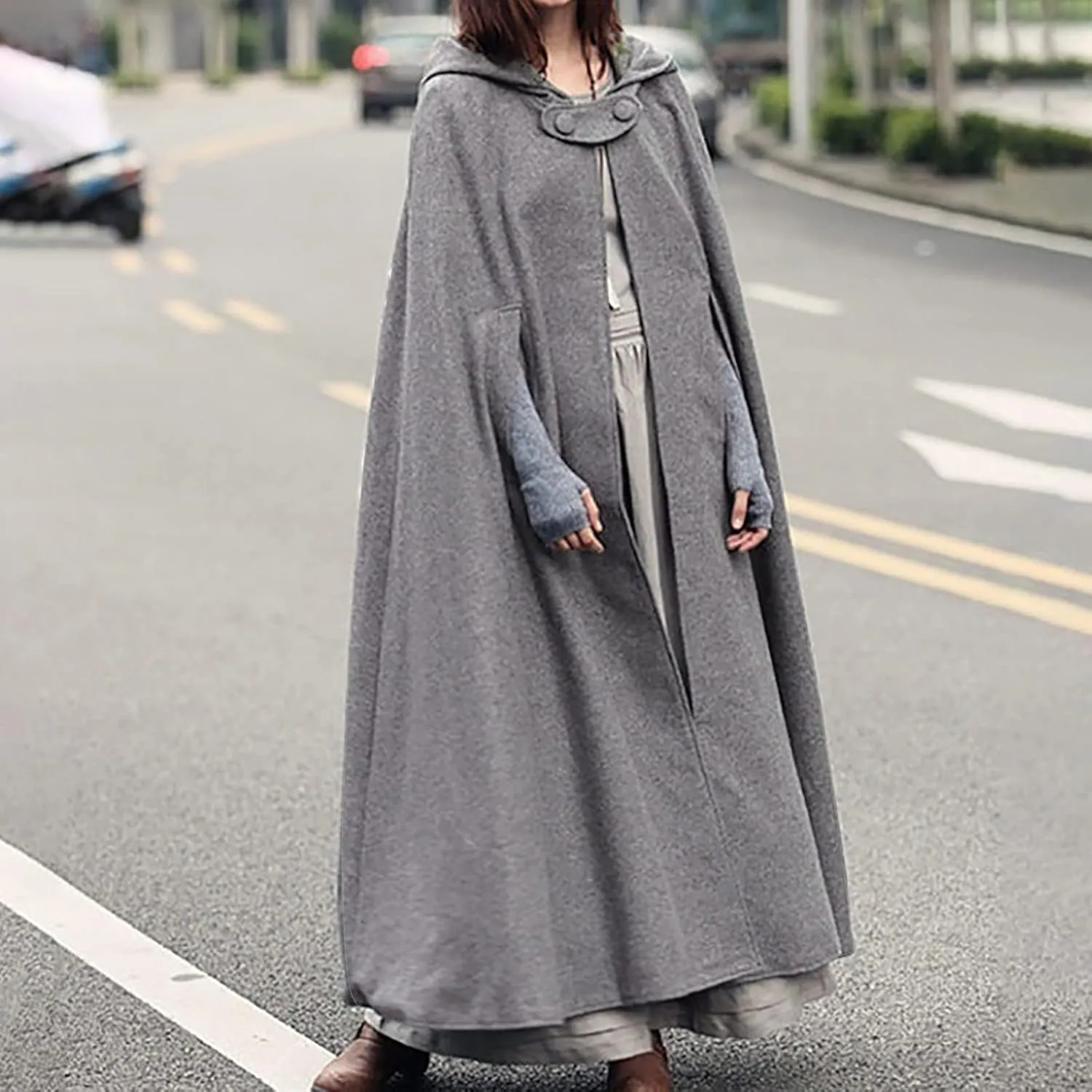 tuduoms Women Vinage Long Trench Coat, Gothic Hooded Cape Halloween Costumes Wool Blend Hooded Cape Poncho Maxi Cloak Coat