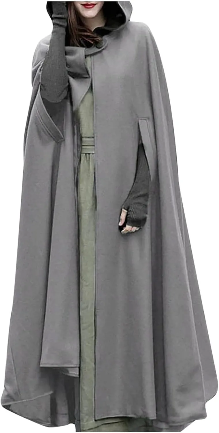 tuduoms Women Vinage Long Trench Coat, Gothic Hooded Cape Halloween Costumes Wool Blend Hooded Cape Poncho Maxi Cloak Coat