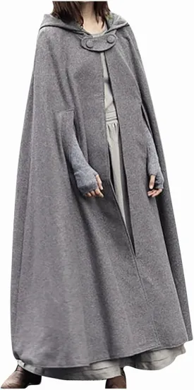 tuduoms Women Vinage Long Trench Coat, Gothic Hooded Cape Halloween Costumes Wool Blend Hooded Cape Poncho Maxi Cloak Coat