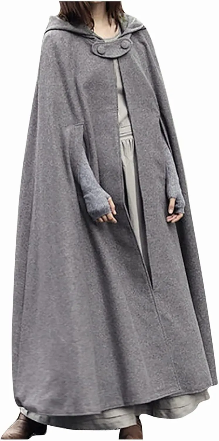 tuduoms Women Vinage Long Trench Coat, Gothic Hooded Cape Halloween Costumes Wool Blend Hooded Cape Poncho Maxi Cloak Coat
