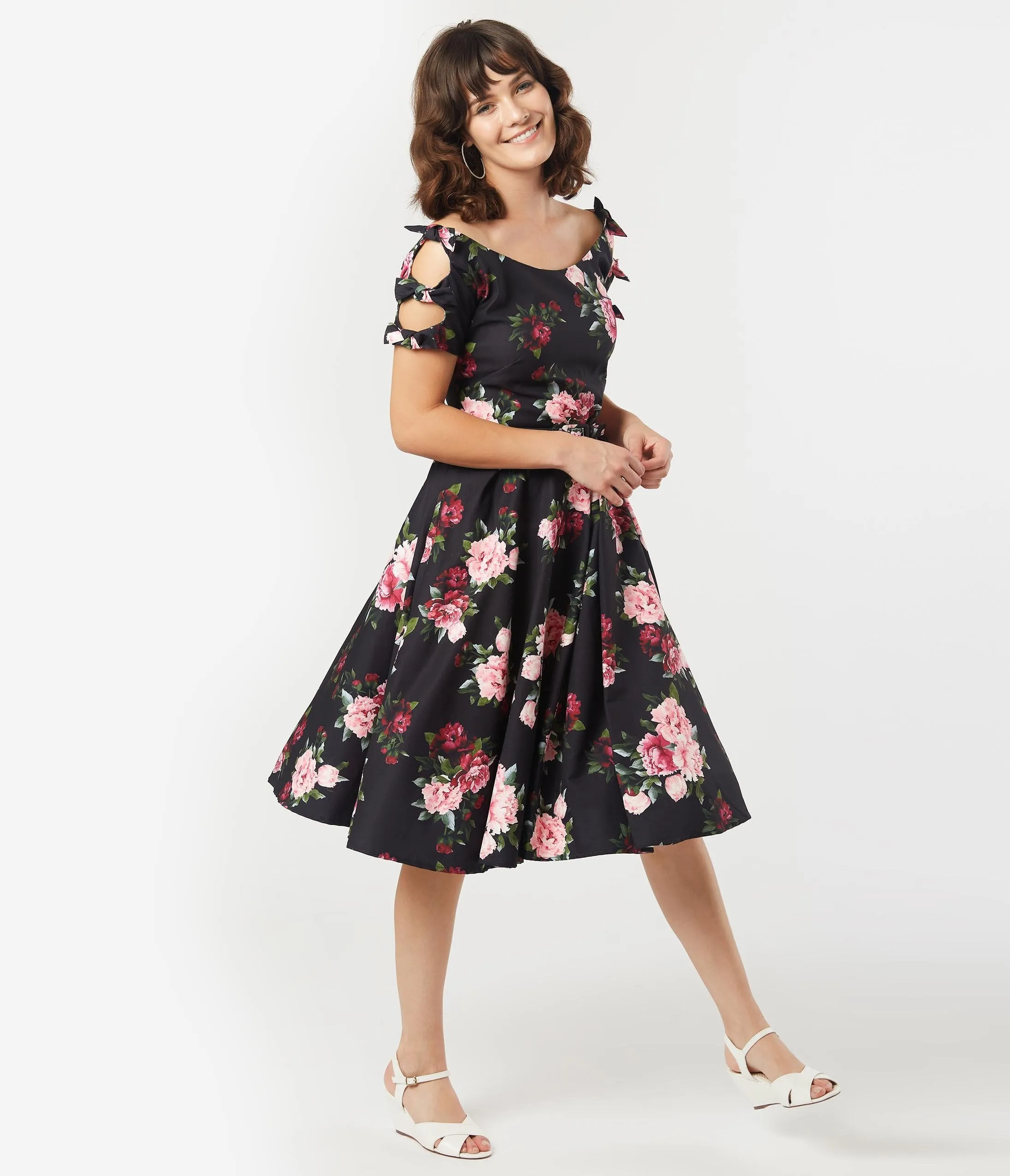 Unique Vintage 1950s Black & Pink Peony Floral Selma Swing Dress